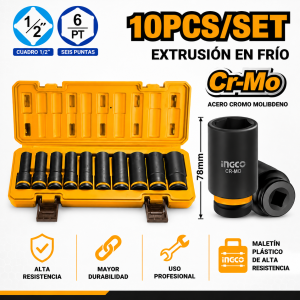 Juego Dados Largos De Impacto Cuadrante De 1/2"  10 Piezas INGCO