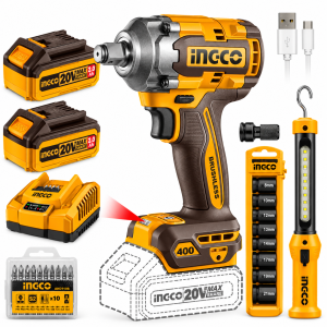 Llave Impacto 1/2" 400 Nm BL + Dados + Linterna +Puntas PH2 + 2 Bat. 2.0Ah + Cargador 20V INGCO