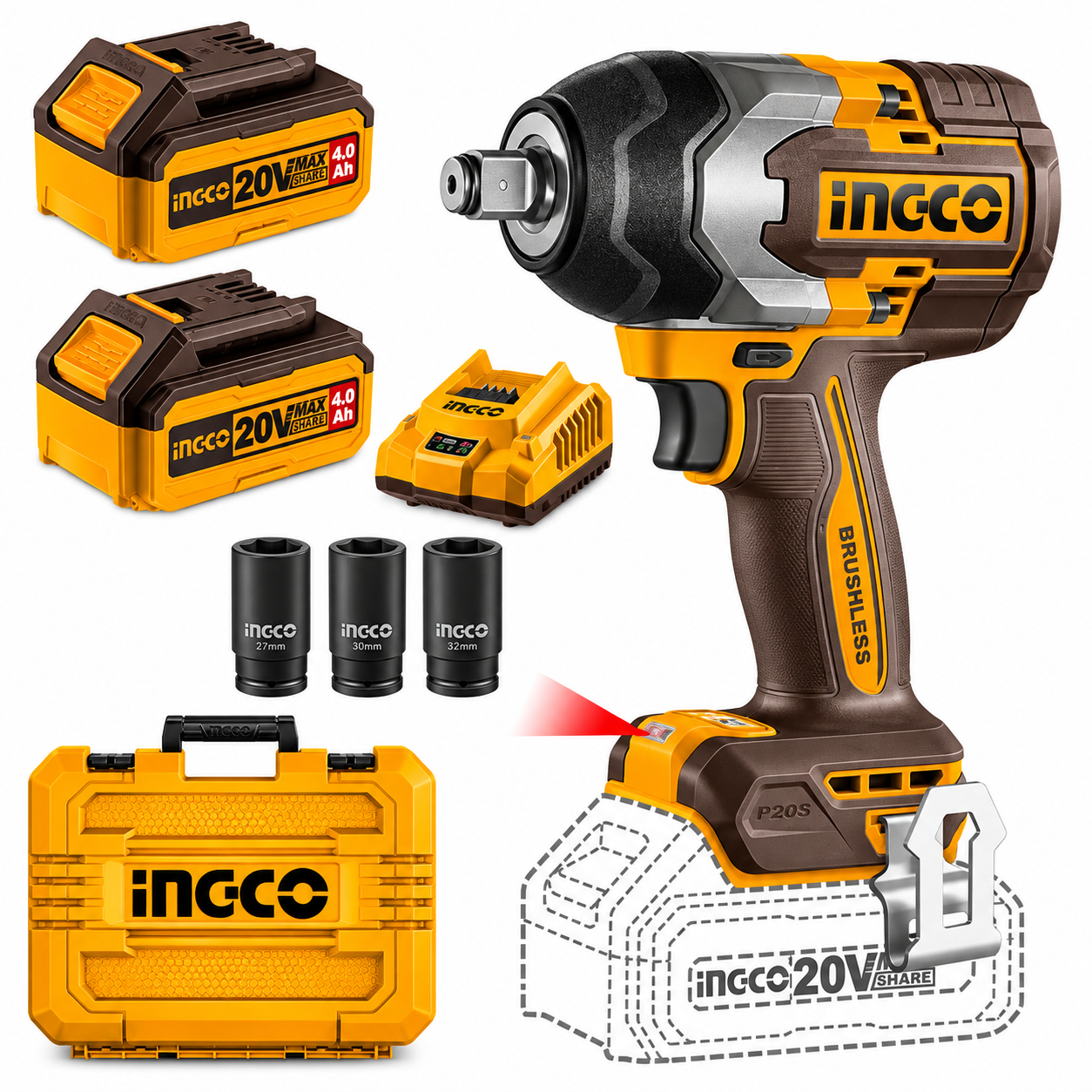 Llave Impacto BL 850 Nm + 2 Baterias 4.0Ah + Cargador 20V INGCO